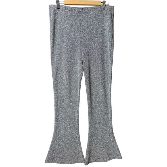 H&M Women’s Flared Dressy Pants Silver Metallic Pull On Size L Party Cocktails - Picture 1 of 11